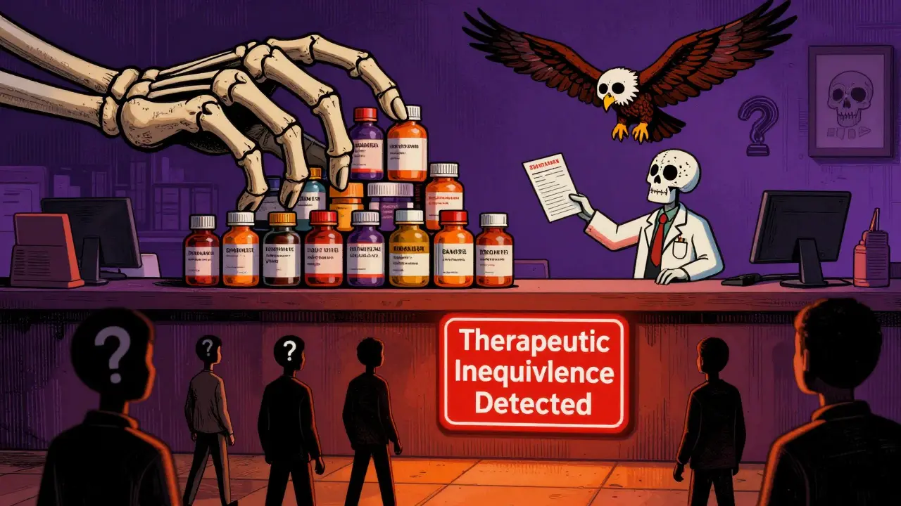 Skeletal hand from a pharmacy counter holds generic drug bottles while a pharmacist submits a report to an FDA eagle with a skull face.