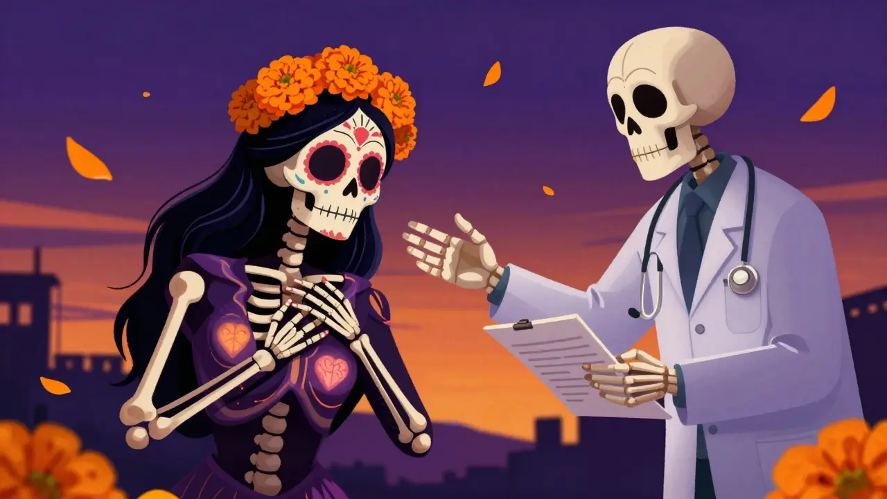 Skeleton woman with heart and head symbols seeking help from doctor during hormone therapy.