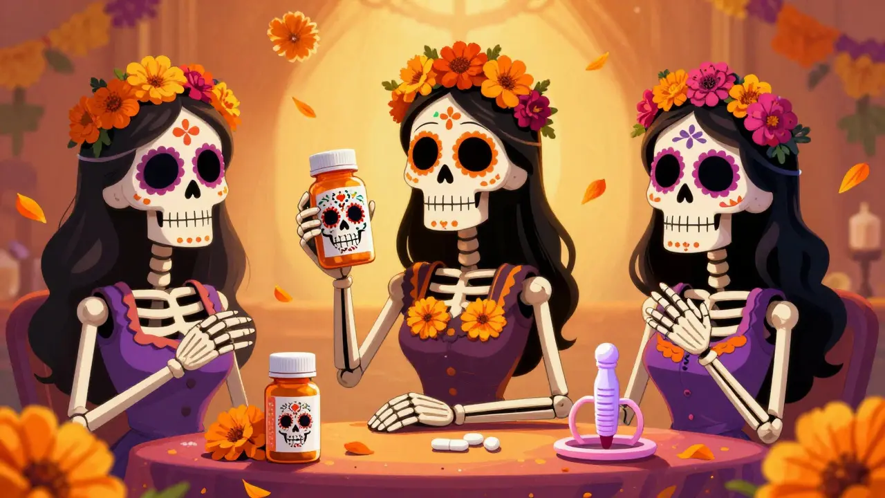 Three skeletons using hormone therapy delivery methods: pills, patches, and vaginal rings with marigold decorations.
