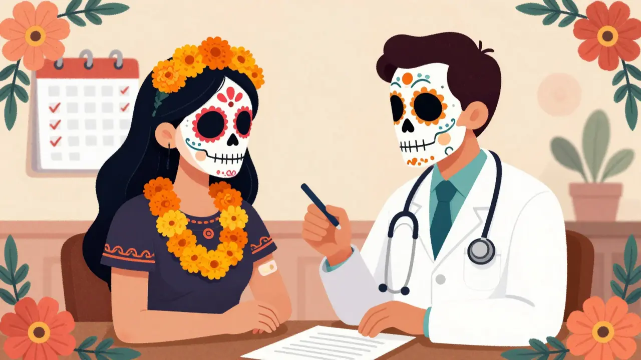 Woman and doctor with sugar skulls discussing small transdermal patch and checkup calendar