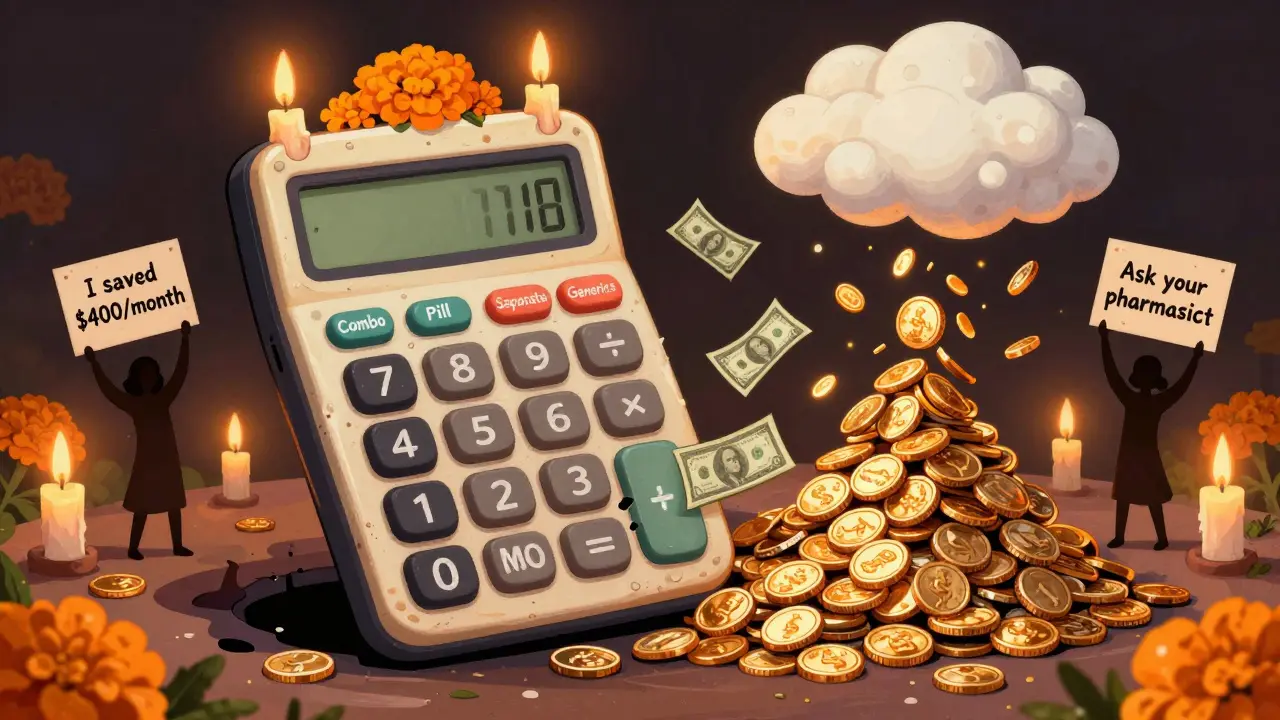 A bone calculator shows branded combo pills draining money, while generics overflow with coins, surrounded by grateful patient silhouettes.