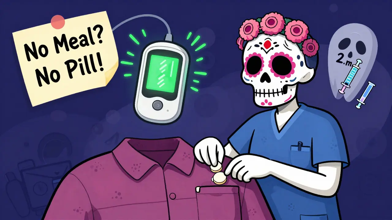 A caregiver places glucose tablets in a pocket as a CGM glows with alerts, a clock shaped like syringes ticks toward danger.