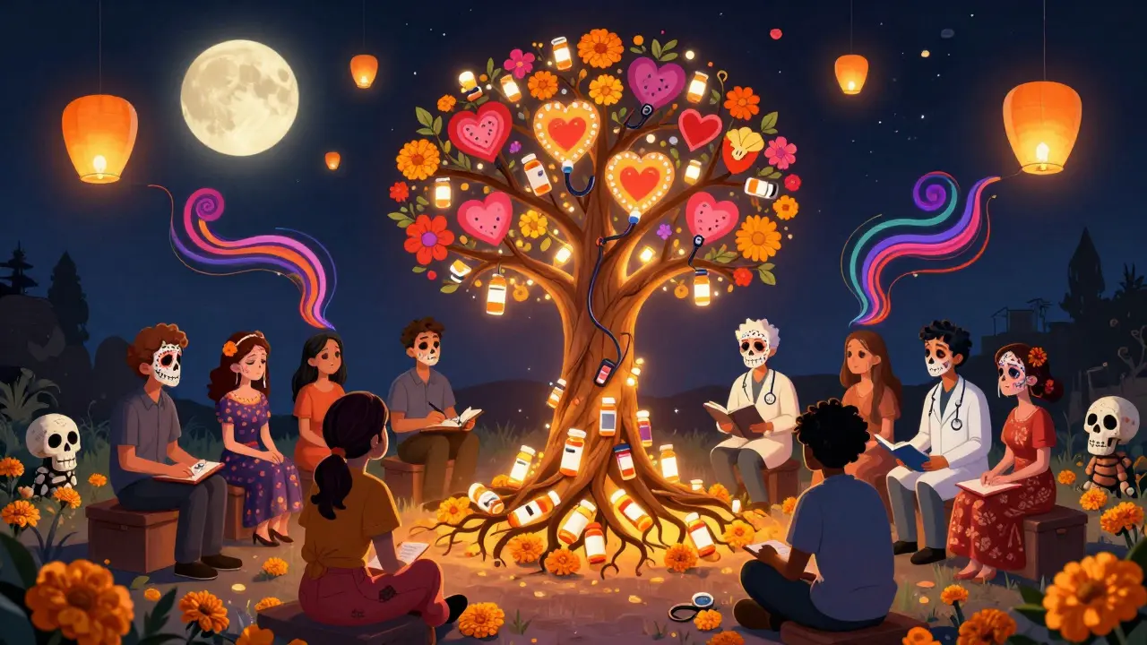 A circle of patients and clinicians share stories as their voices rise as colorful ribbons into a glowing tree of healing.