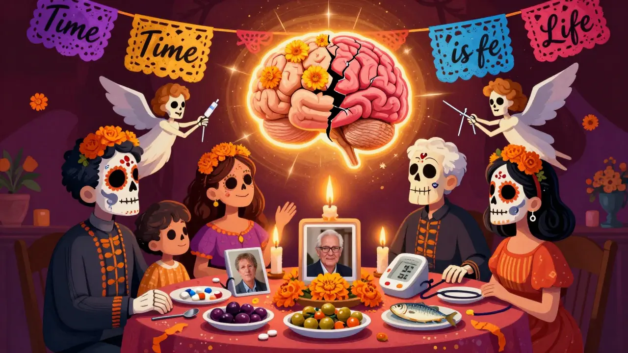 A Day of the Dead altar honoring stroke survivors with medical offerings, a healing brain above, and skeletal angels mending damage.