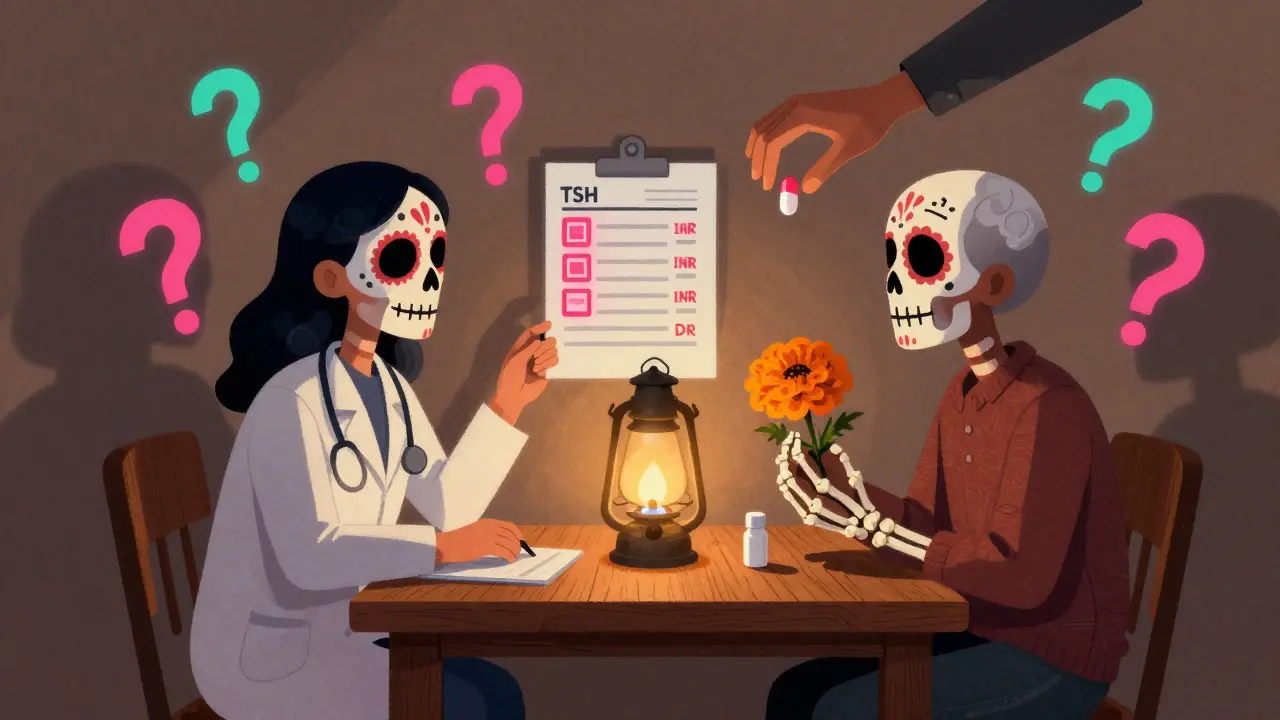 A doctor and patient review a glowing lab report with red warning levels, a brand pill placed beside a generic, surrounded by skull-shaped question marks.