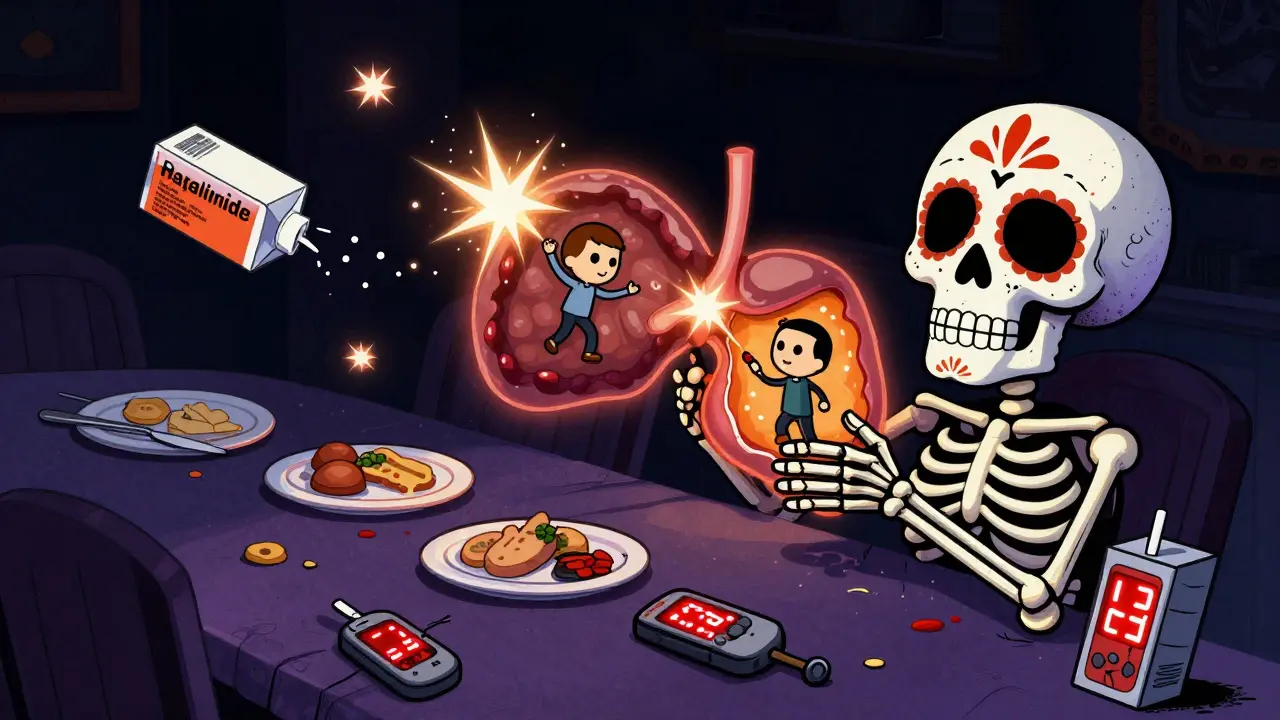 A glowing pancreas releases insulin sparks toward uneaten food, with blood sugar meters flashing red nearby.