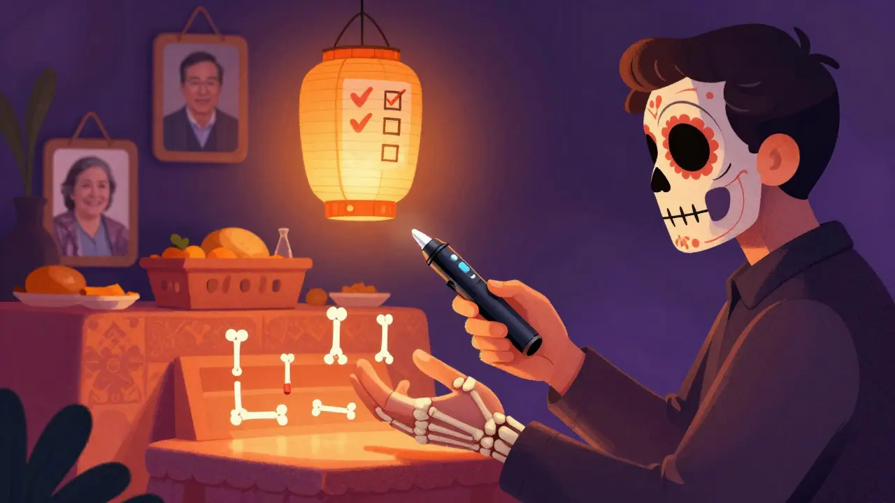 A man uses an insulin pen as a skeletal hand guides him, with floating bones forming a dose timeline and a paper pillbox lantern nearby.