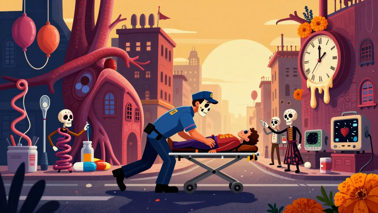 A paramedic rushing a patient through a surreal city of arteries and medical symbols, with skeletal onlookers and a melting clock.