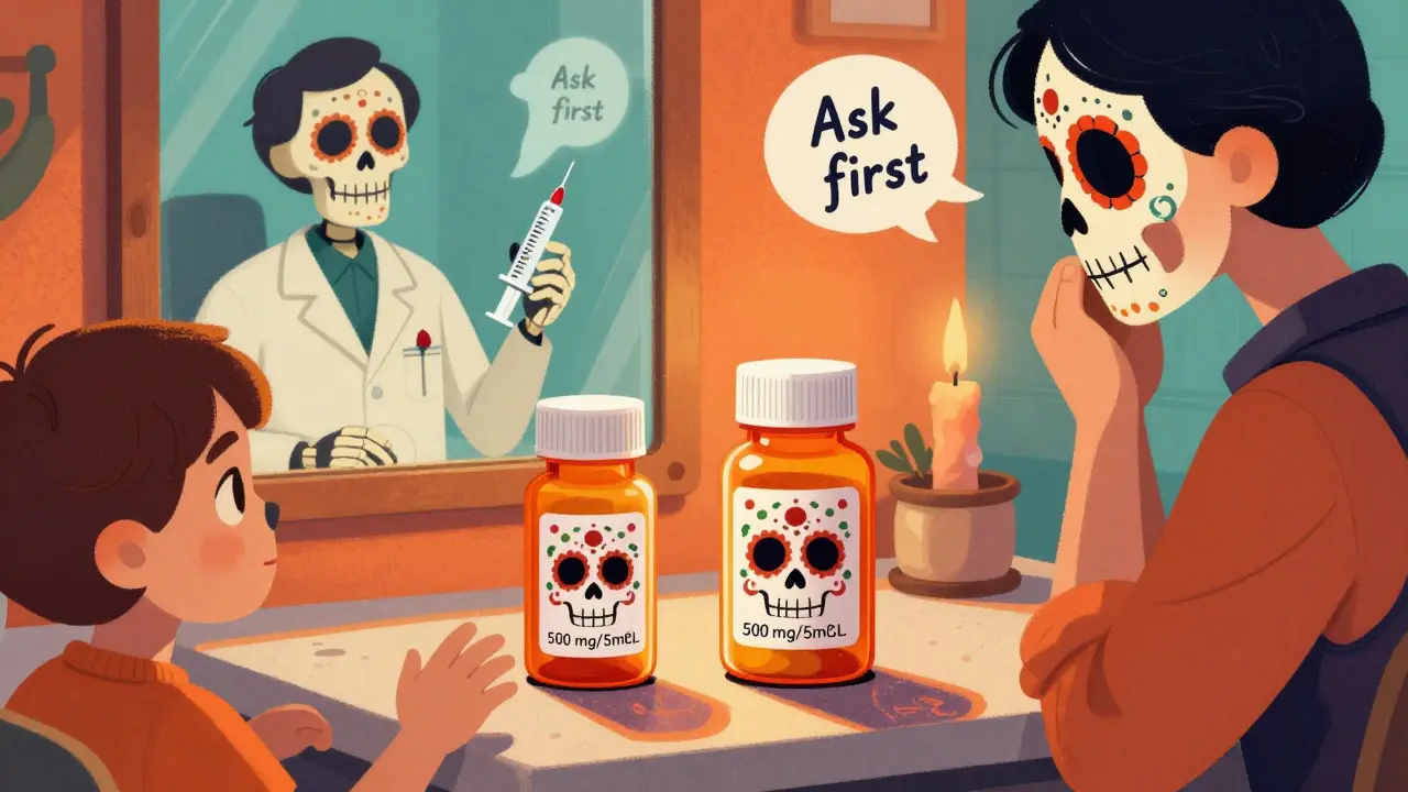 A parent faces two medicine bottles — one child, one adult — while a skeletal pharmacist offers a calibrated syringe in the mirror.