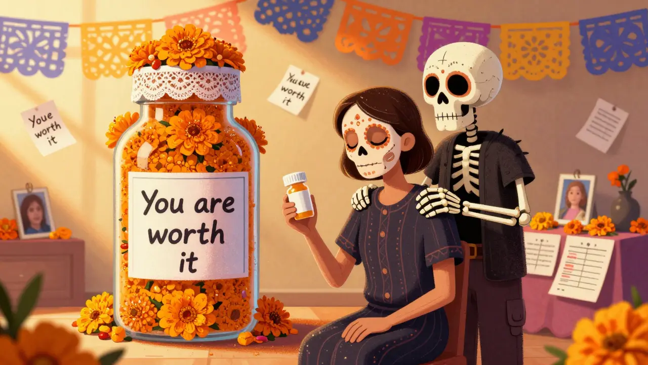 A patient holds a generic pill bottle beside a decorative brand-name bottle made of marigolds, ancestors offering quiet acceptance.