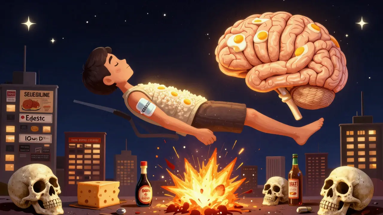 A patient with a transdermal patch floats above a food-label city, safe foods glowing above dangerous items that turn into skulls in Day of the Dead style.