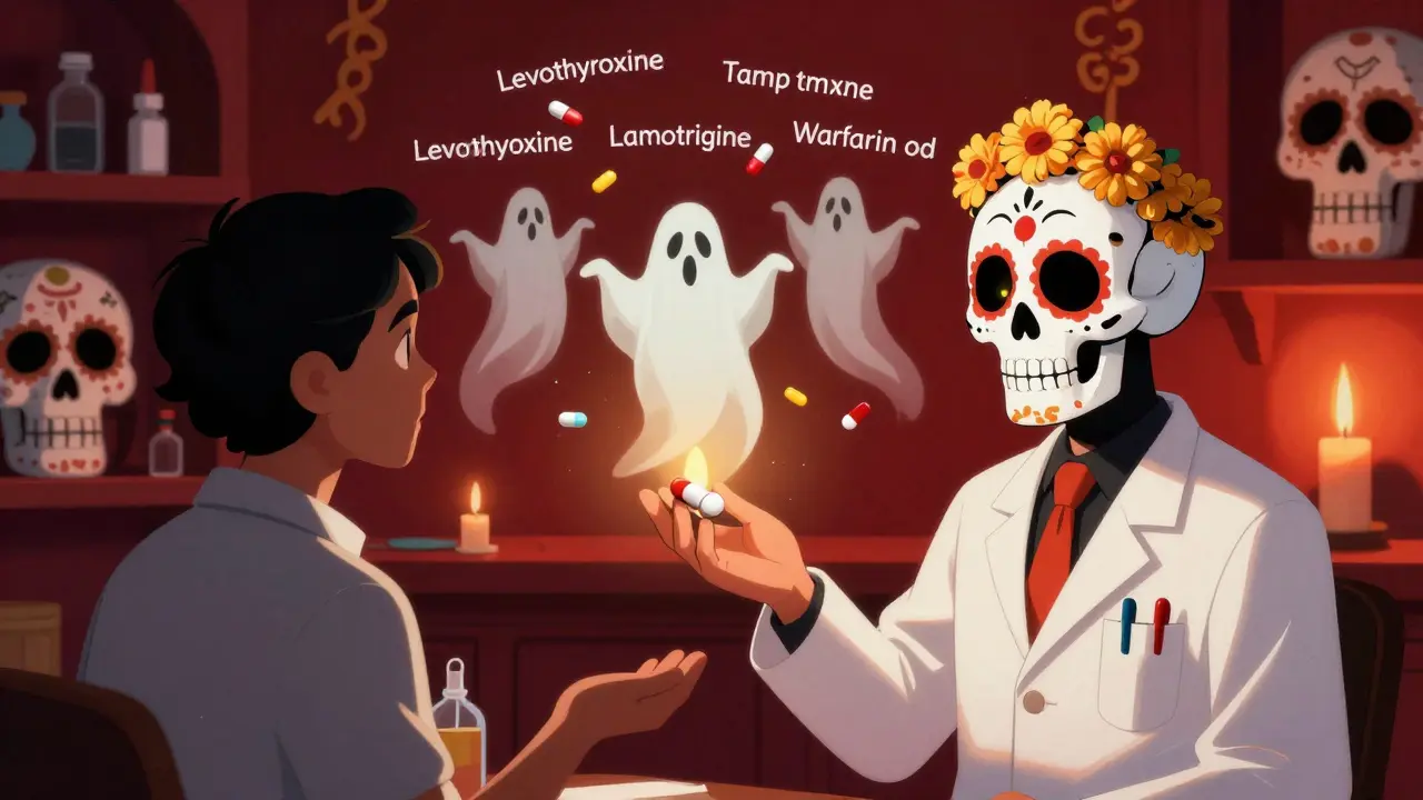 A pharmacist giving a skull-shaped generic pill while ghostly drug bottles dance in the background, all in Day of the Dead style.