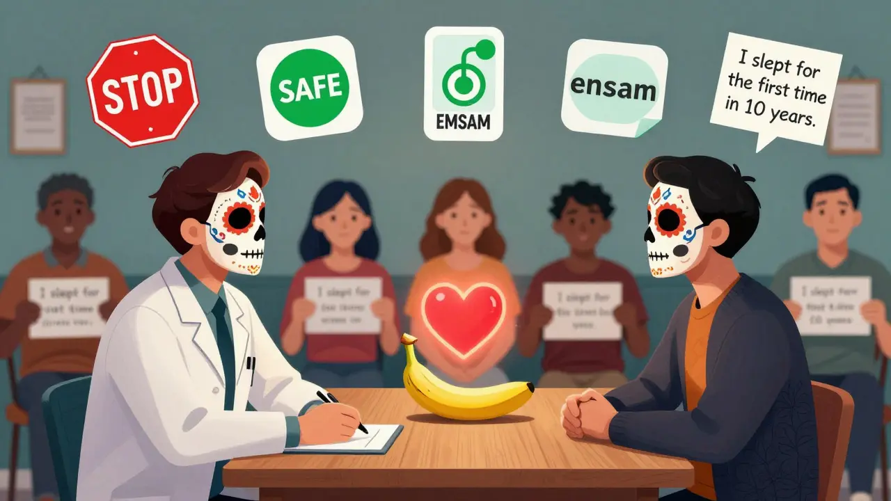 A psychiatrist and patient in calavera masks discuss treatment, with icons of safe and dangerous medications floating above them in Day of the Dead style.