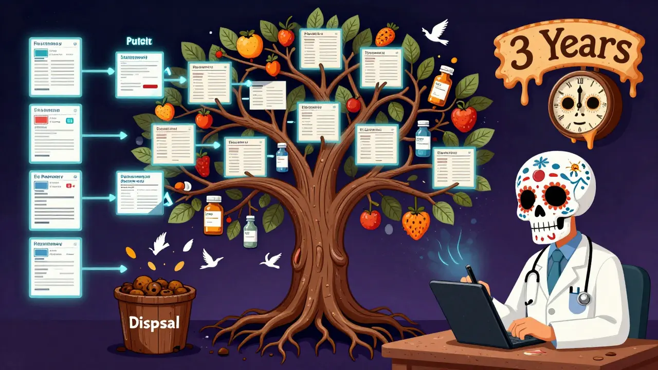 A skeletal tree holds recall records as leaves and fruits, with a pharmacist signing digitally under melting clock motifs shaped like skulls.