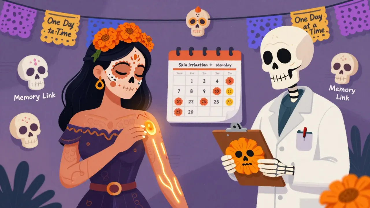 A woman applies a patch while a skeleton pharmacist helps, with a decorated calendar and glowing lines showing medicine absorption.