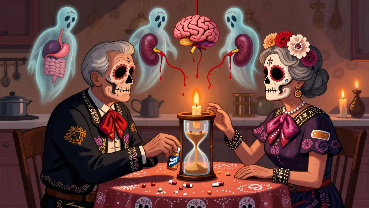 An elderly couple at a kitchen table, one stopping the other from taking ibuprofen, with ghostly bleeding organs above.