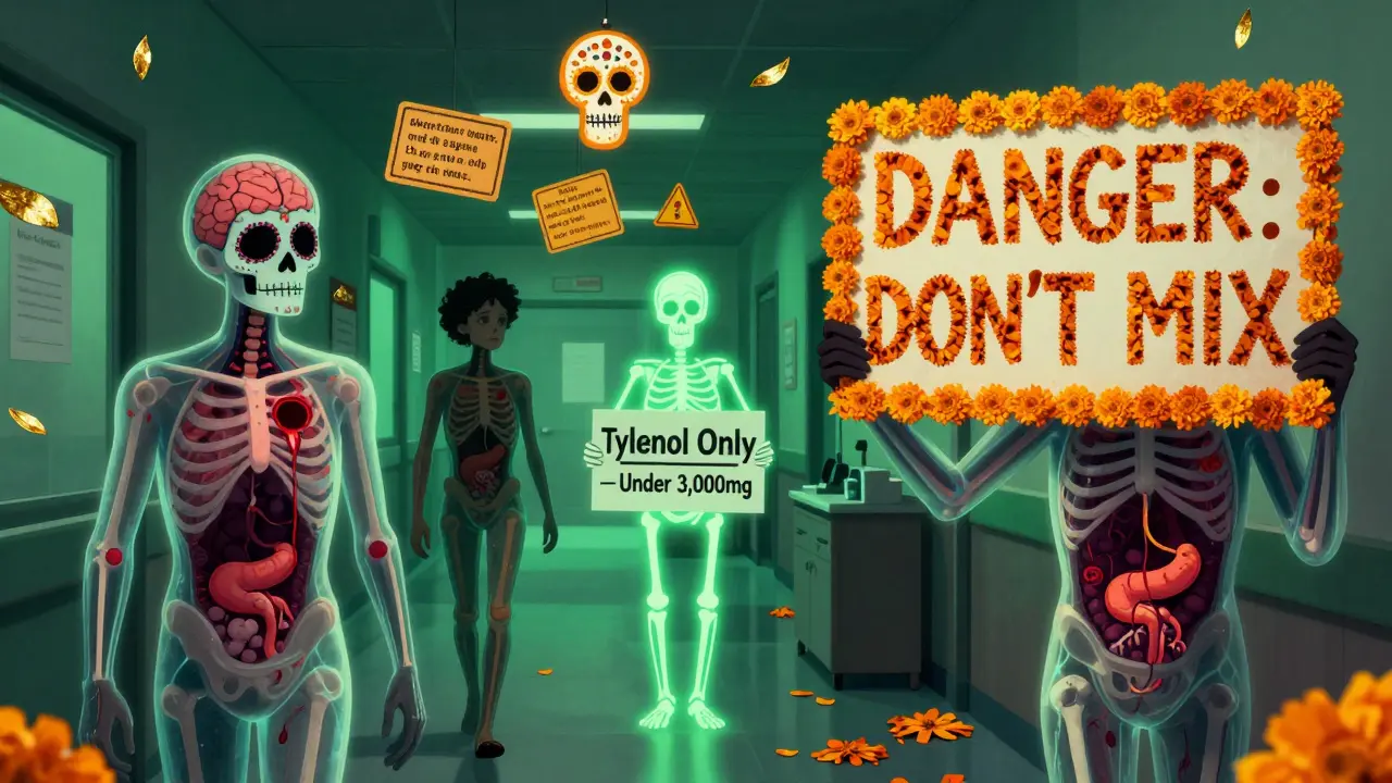 Hospital hallway with translucent patients showing internal bleeding, a pharmacist holding a marigold warning sign.