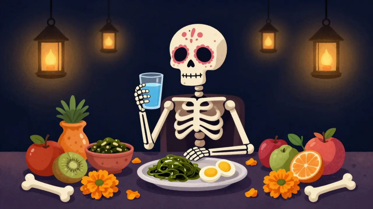 Illustrated character enjoying healthy foods on an altar for thyroid management and nutrition.