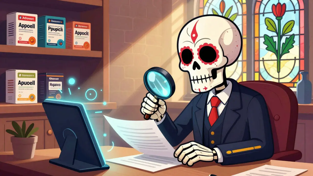 Quality manager reviewing documents at desk with futuristic tablet nearby.