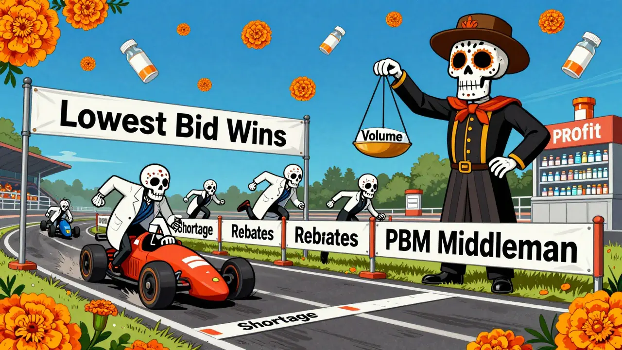 Skeletal drug manufacturers racing on a track labeled 'Lowest Bid Wins', with one falling into a pit labeled 'Shortage'.