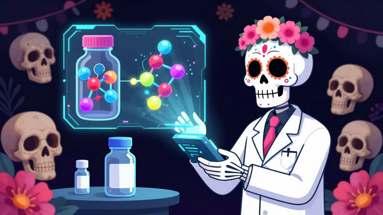 Skeletal pharmacist scanning a medicine bottle with a holographic projection.