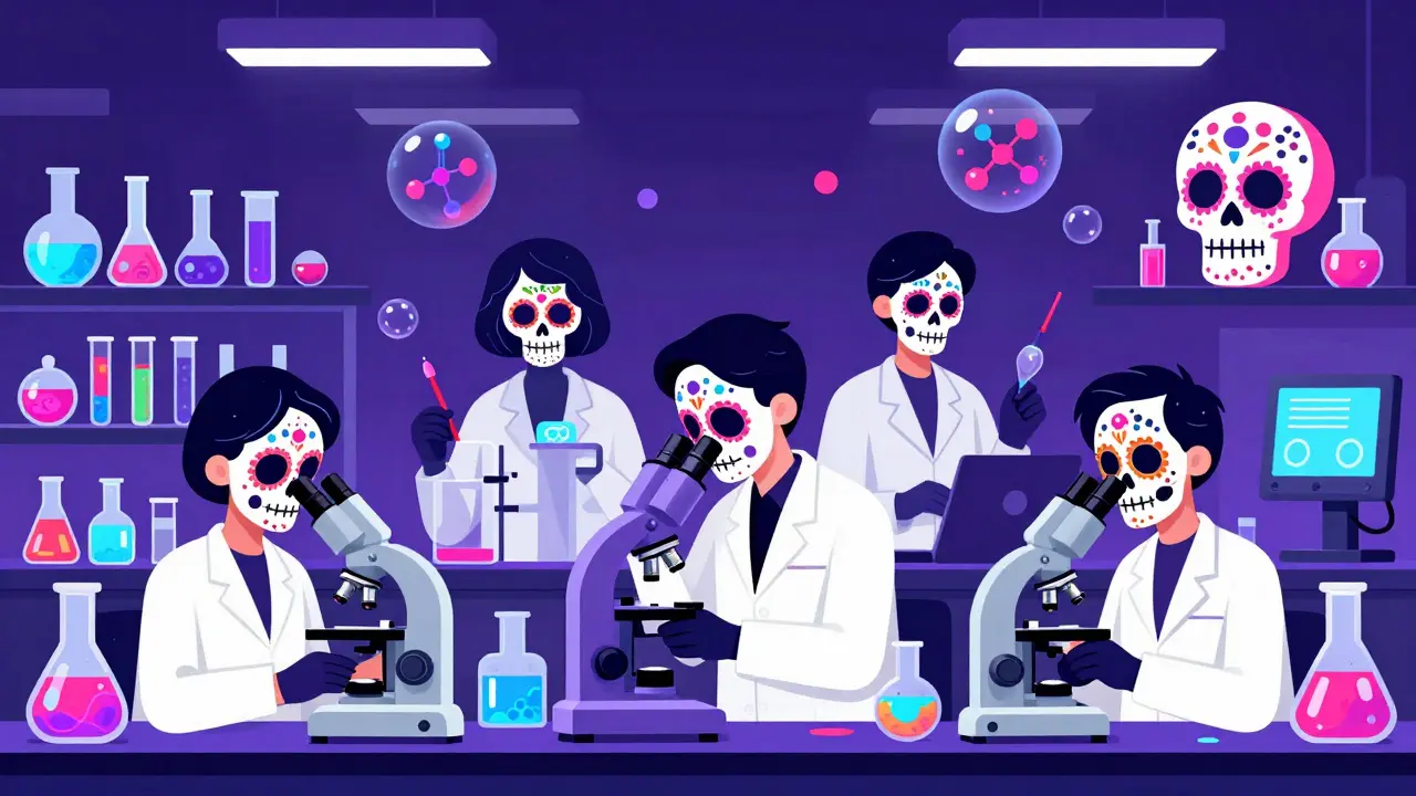 Skeletal scientists working in colorful analytical laboratory with instruments.