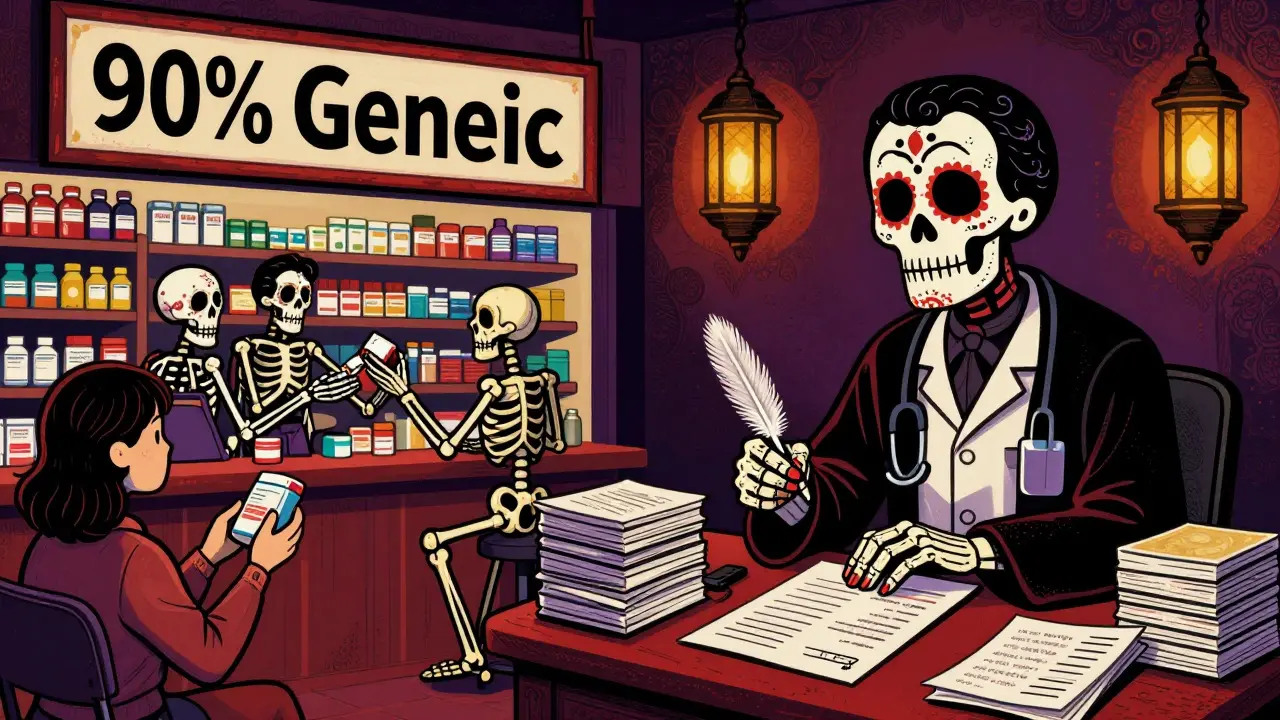 Split scene: a busy U.S. pharmacy handing out generics versus a quiet European clinic with a doctor approving substitution.