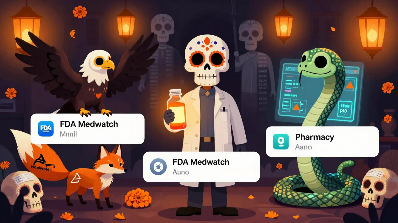 Three spirit animals deliver recall alerts to a pharmacist amid glowing patient faces and sugar skull lanterns in a Day of the Dead pharmacy scene.