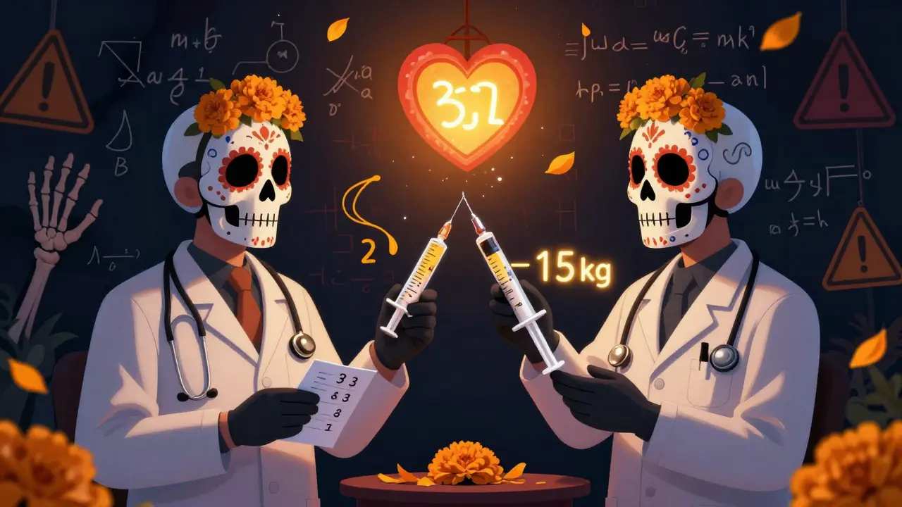 Two medical staff verify a pediatric dose using a scale and syringe, with glowing math symbols and marigold petals swirling around them.