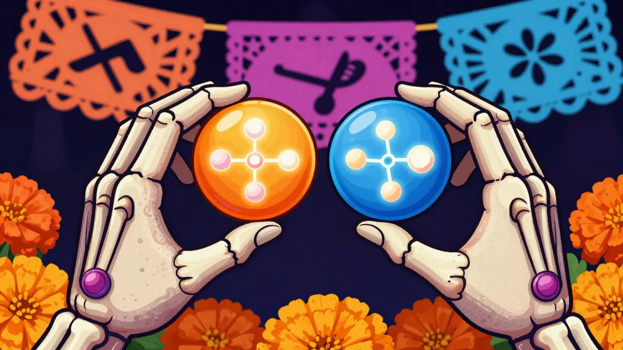 Two skeletal hands holding pills showing identical glowing molecules inside.