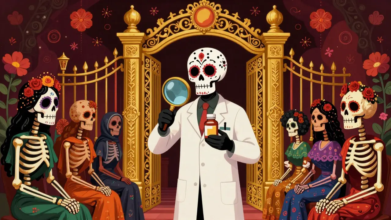 A Calavera pharmacist acting as a gatekeeper to protect patients, inspecting a drug bottle.