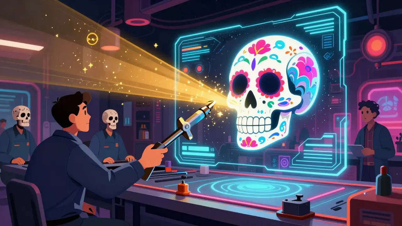 A glowing neon sugar skull AI monitoring a production line to predict and prevent equipment failure.