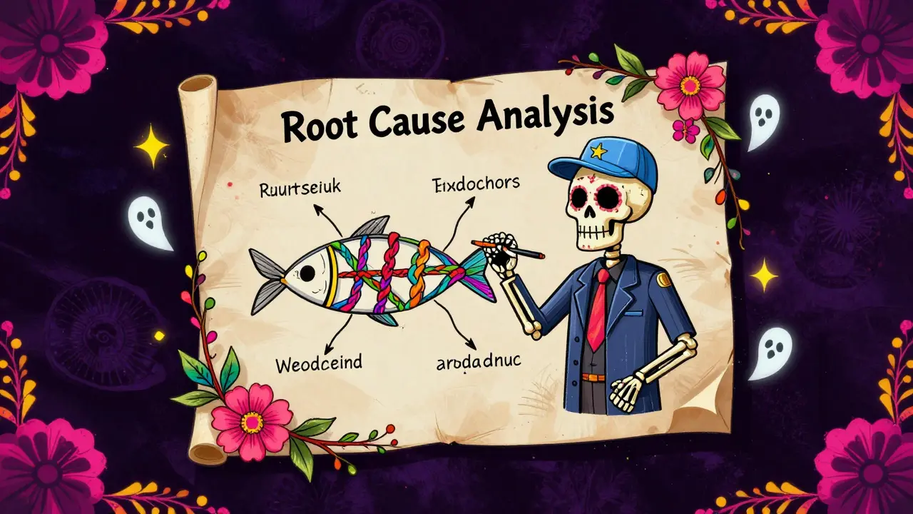 A skeleton engineer creating a root cause fishbone diagram using colorful ribbons and floral motifs.