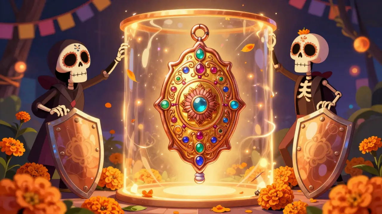 An ornate golden IUD surrounded by flowers and a protective glowing shield.