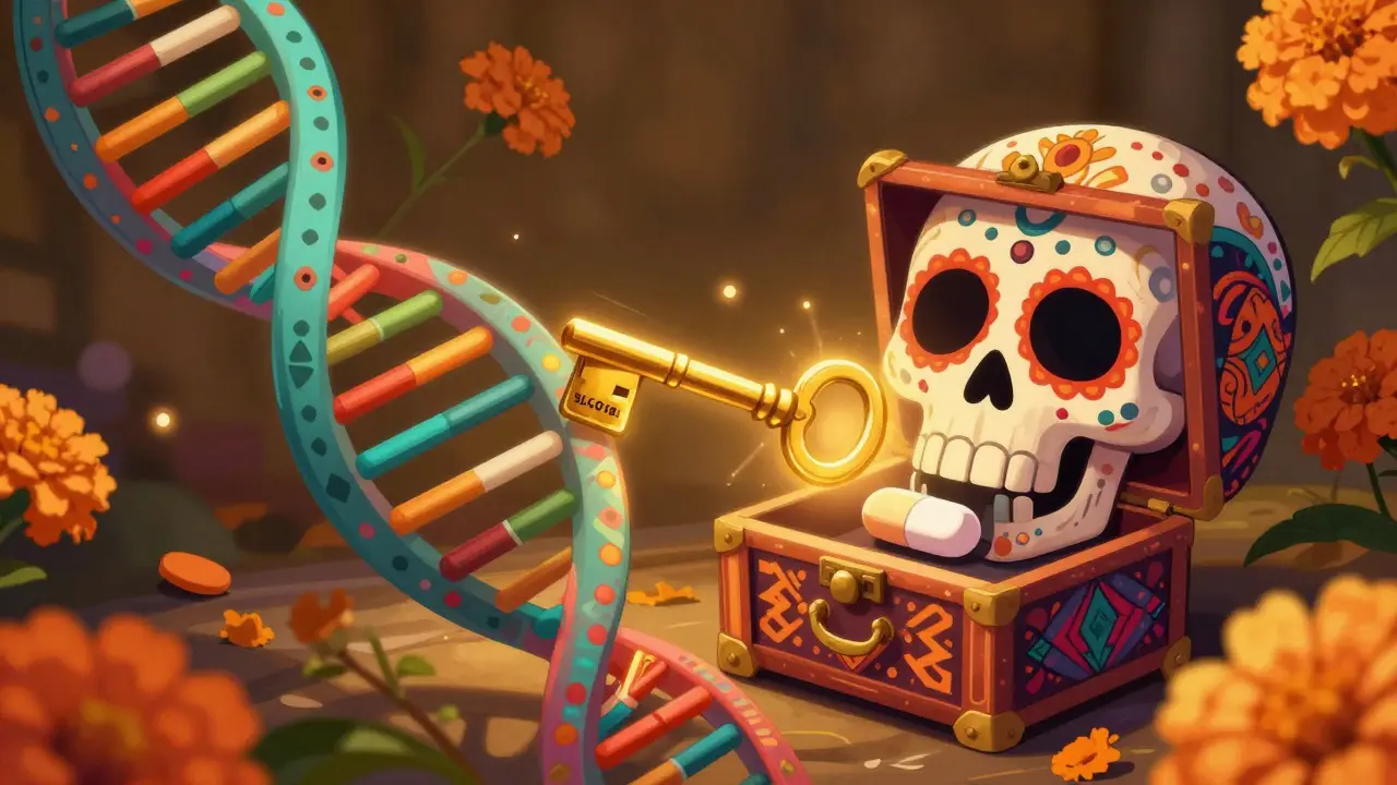 Colorful DNA helix turning into flowers with a golden key unlocking a sugar-skull chest.