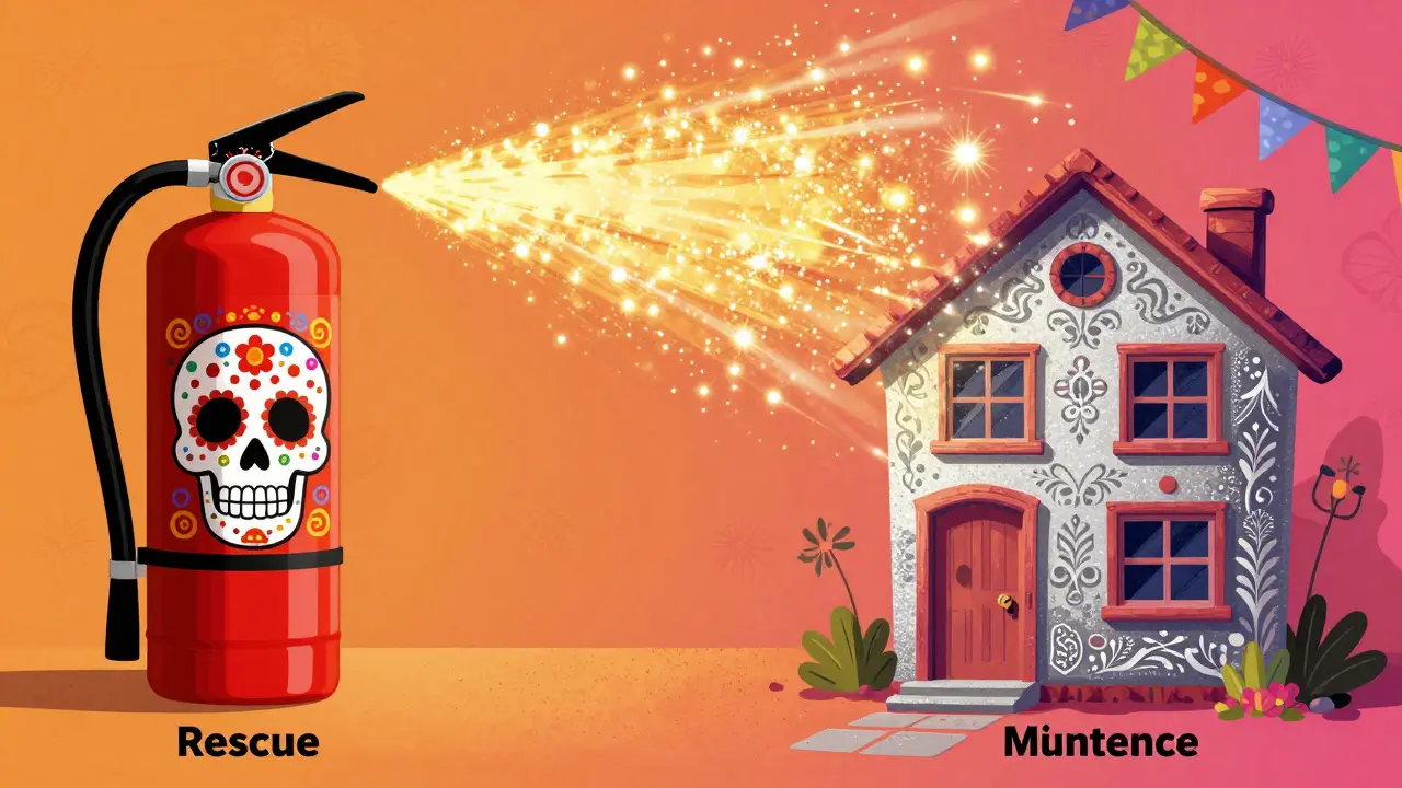 Comparison of a patterned fire extinguisher and a protected house in Day of the Dead illustration style.