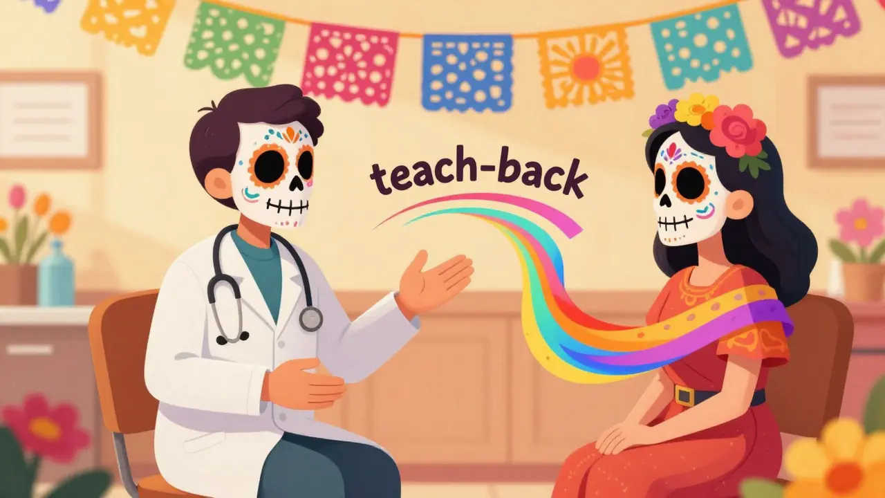 Doctor and patient as Day of the Dead skeletons communicating with colorful ribbons of understanding.
