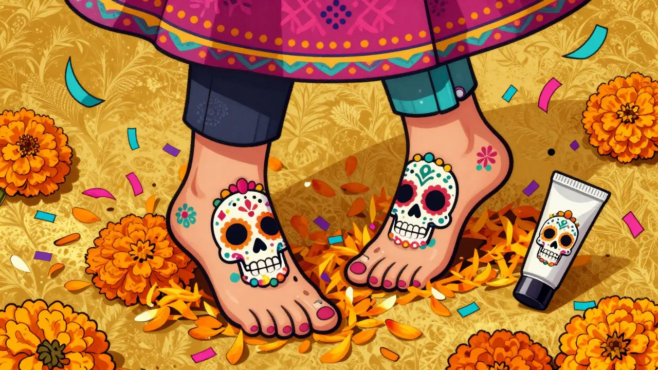 Healthy feet with sugar-skull tattoos dancing among orange marigold petals