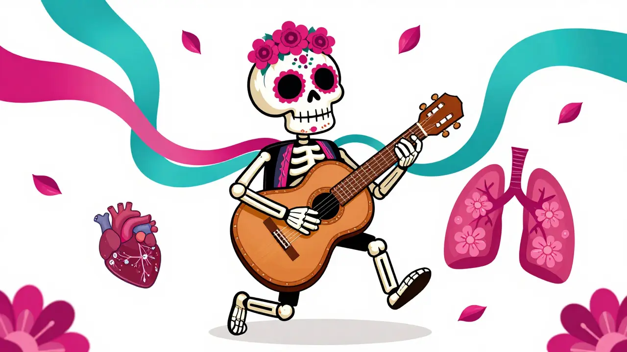 Joyful skeletal figure playing a guitar, symbolizing regained mobility and health.