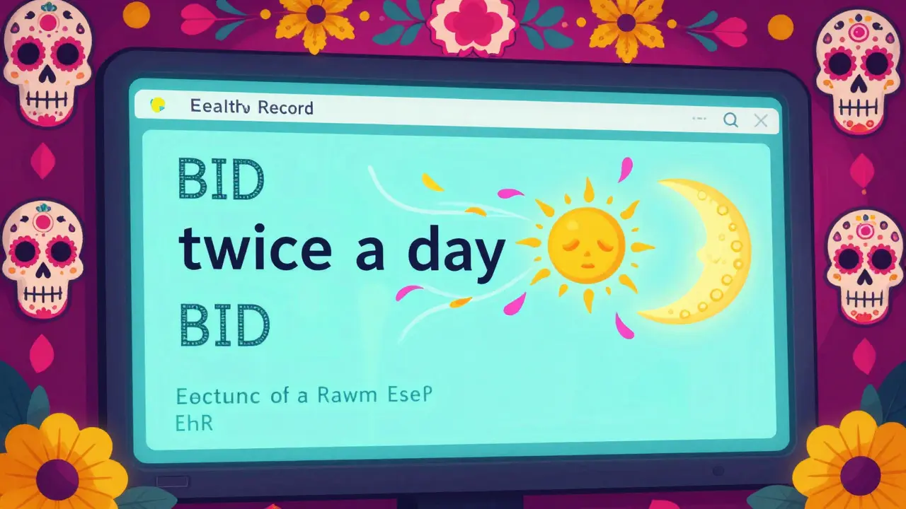 Medical EHR screen with Day of the Dead decorations translating a clinical code into a simple visual.