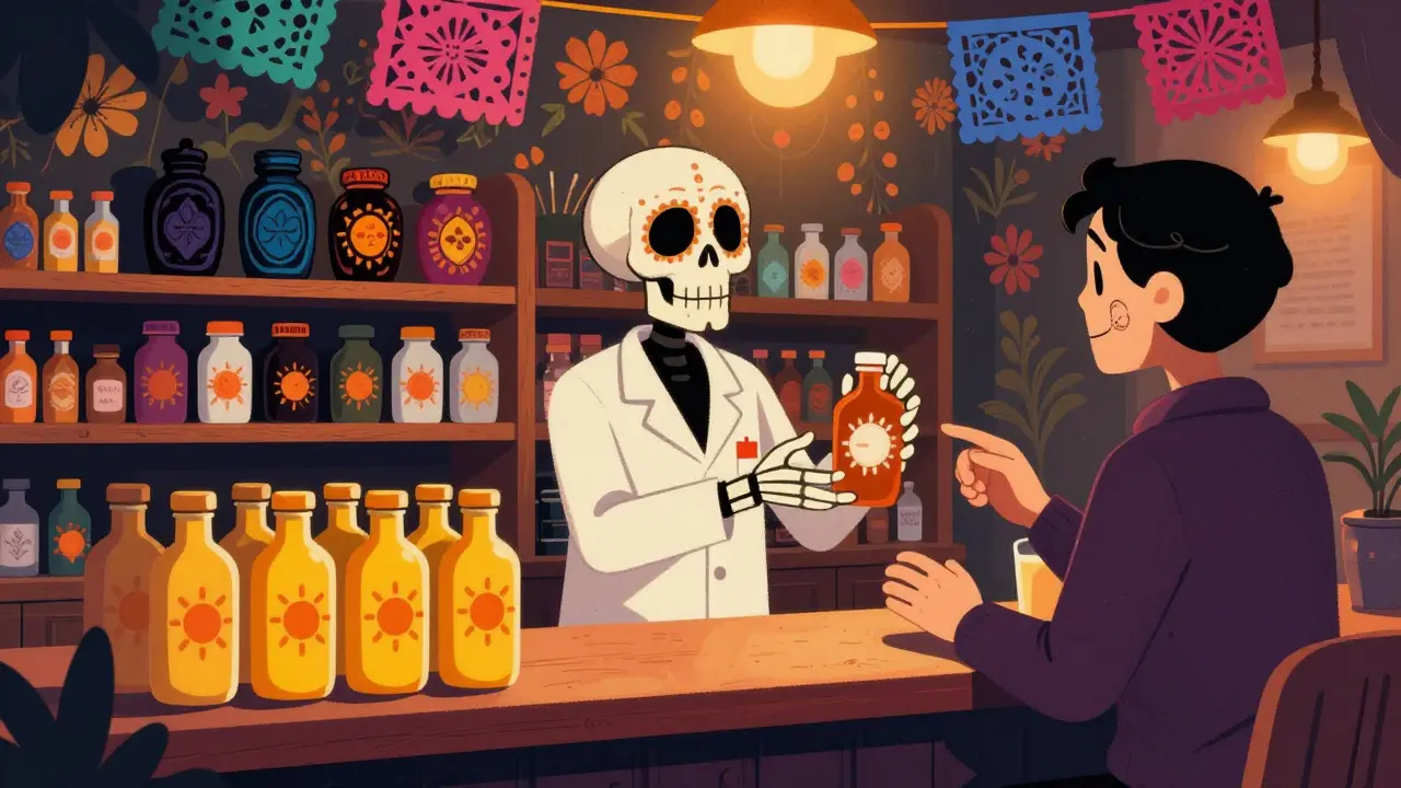 Pharmacy counter comparing plain and ornate bottles