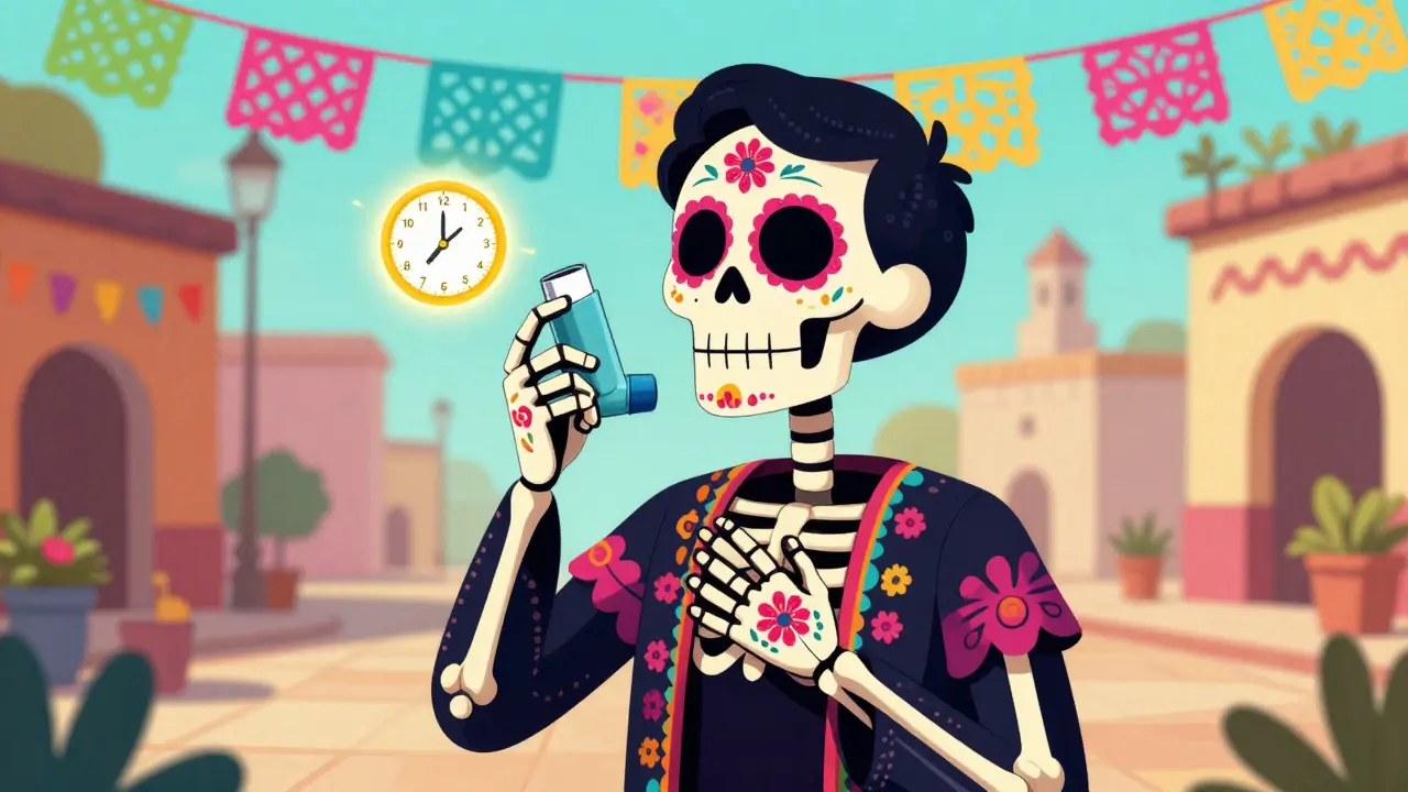 Skeletal character in festive attire using an inhaler correctly with a 10-second timer in Day of the Dead style.