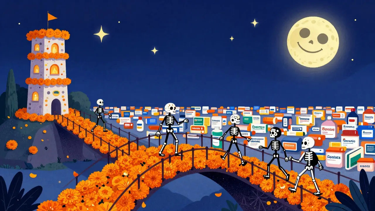Skeletal figures crossing a marigold petal bridge toward affordable generic medicines in a festive style.