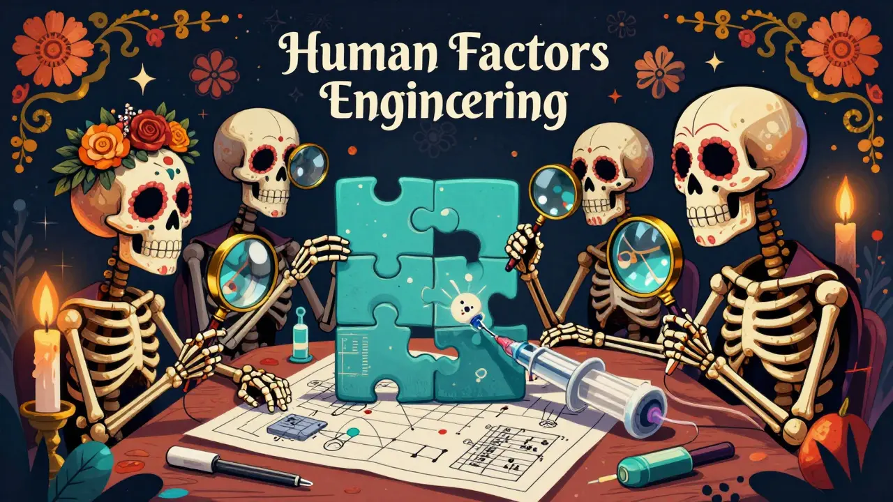Skeletons analyzing a medical injector with blueprints in a colorful Day of the Dead folk-art style.