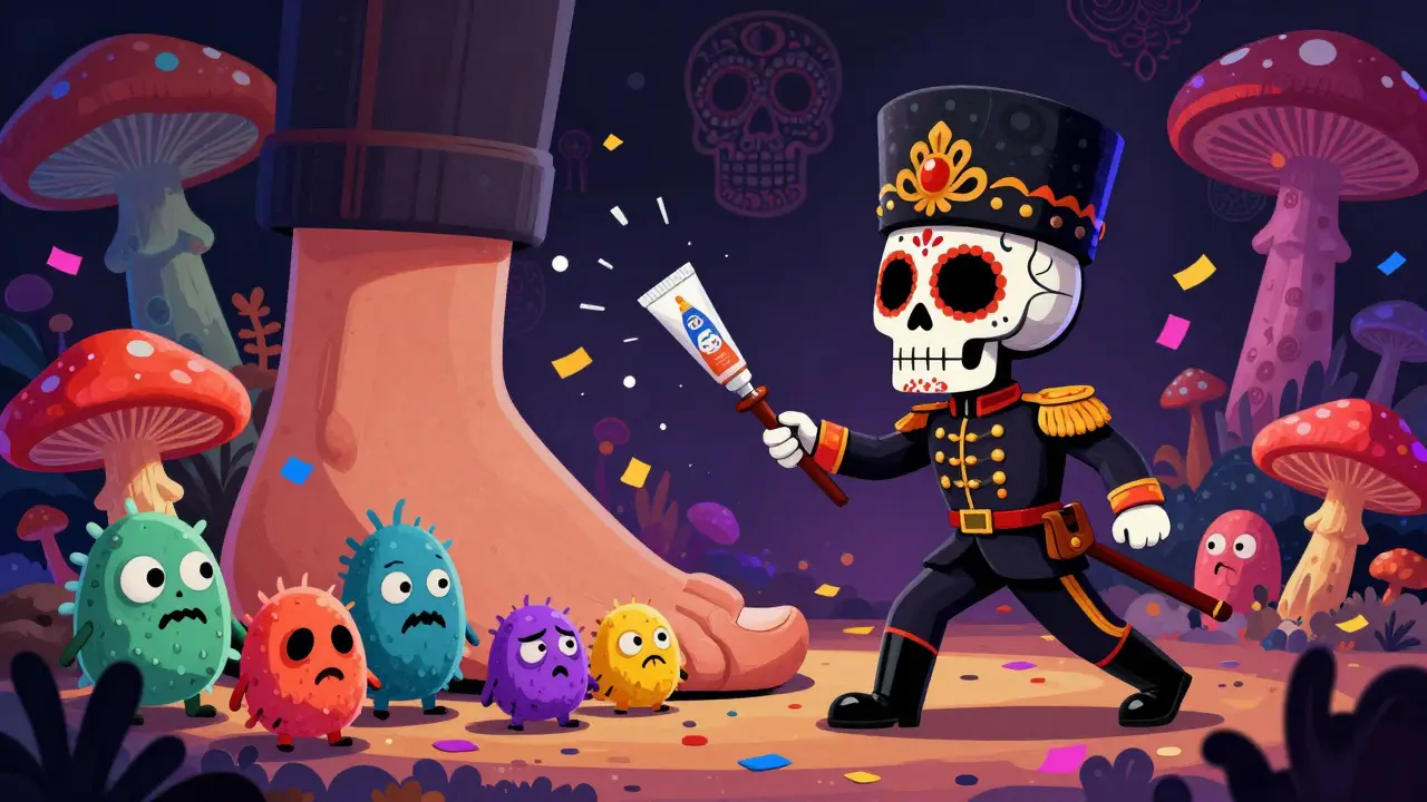 Stylized Calavera soldier using antifungal cream to fight colorful fungal monsters