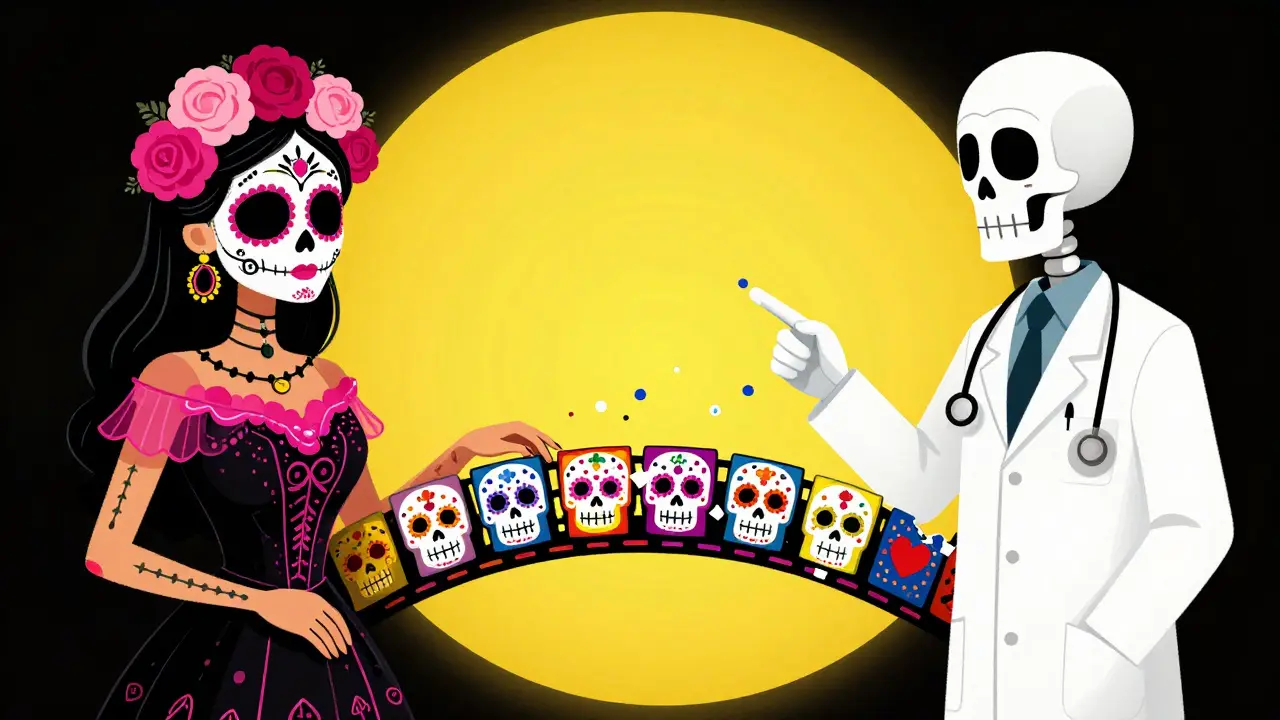 Stylized Catrina woman and skeletal doctor separated by a colorful tiled bridge.