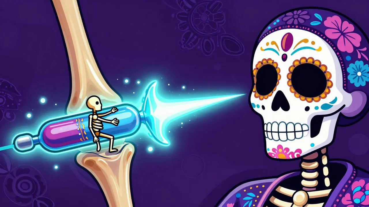 Stylized illustration of a biologic therapy protein targeting inflammation in a joint.