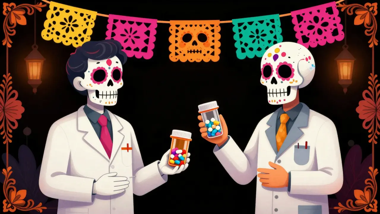 Two stylized skeleton pharmacists swapping medication bottles with slightly different colored pills.